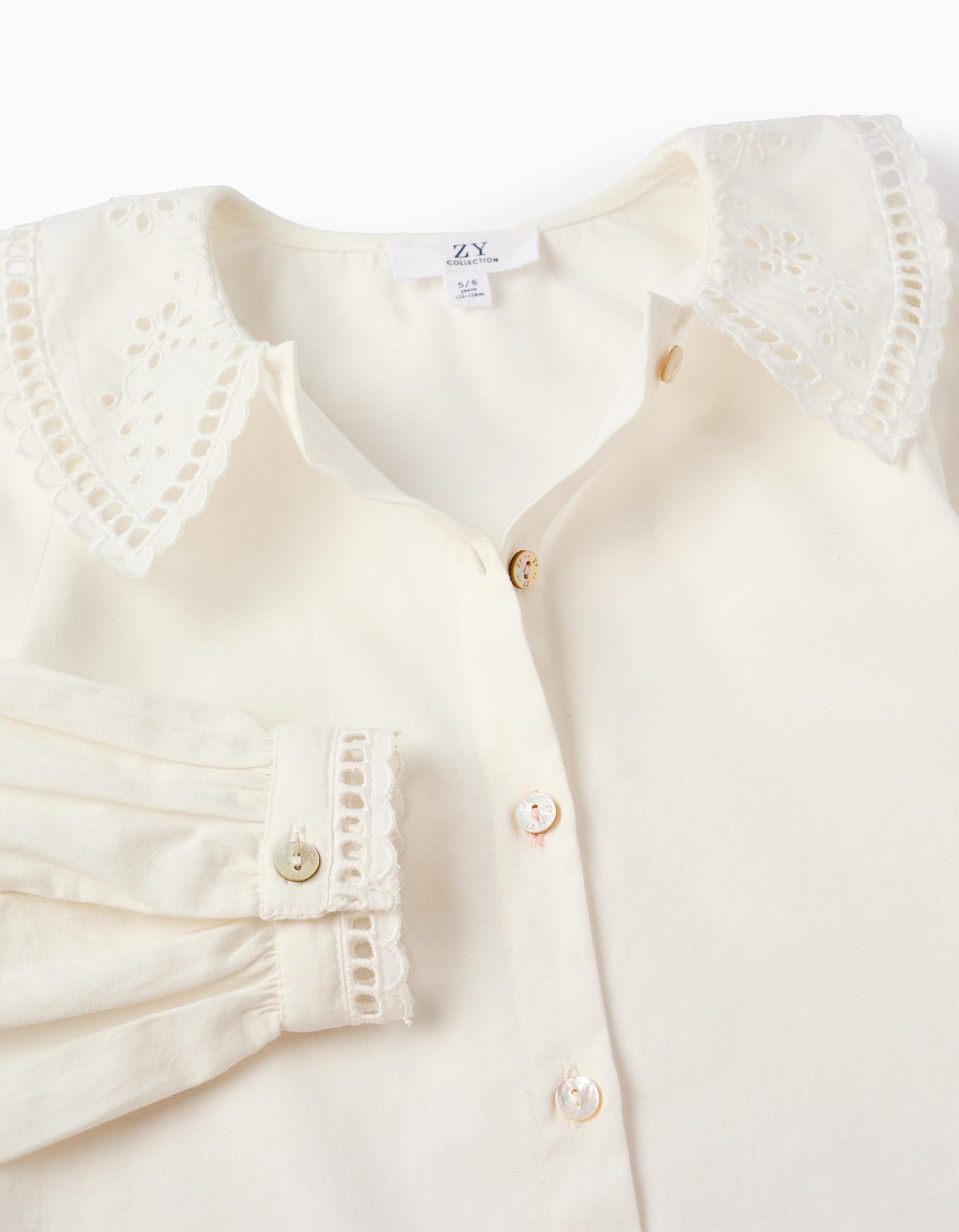 Cotton Shirt with Broderie Anglaise for Girls, White