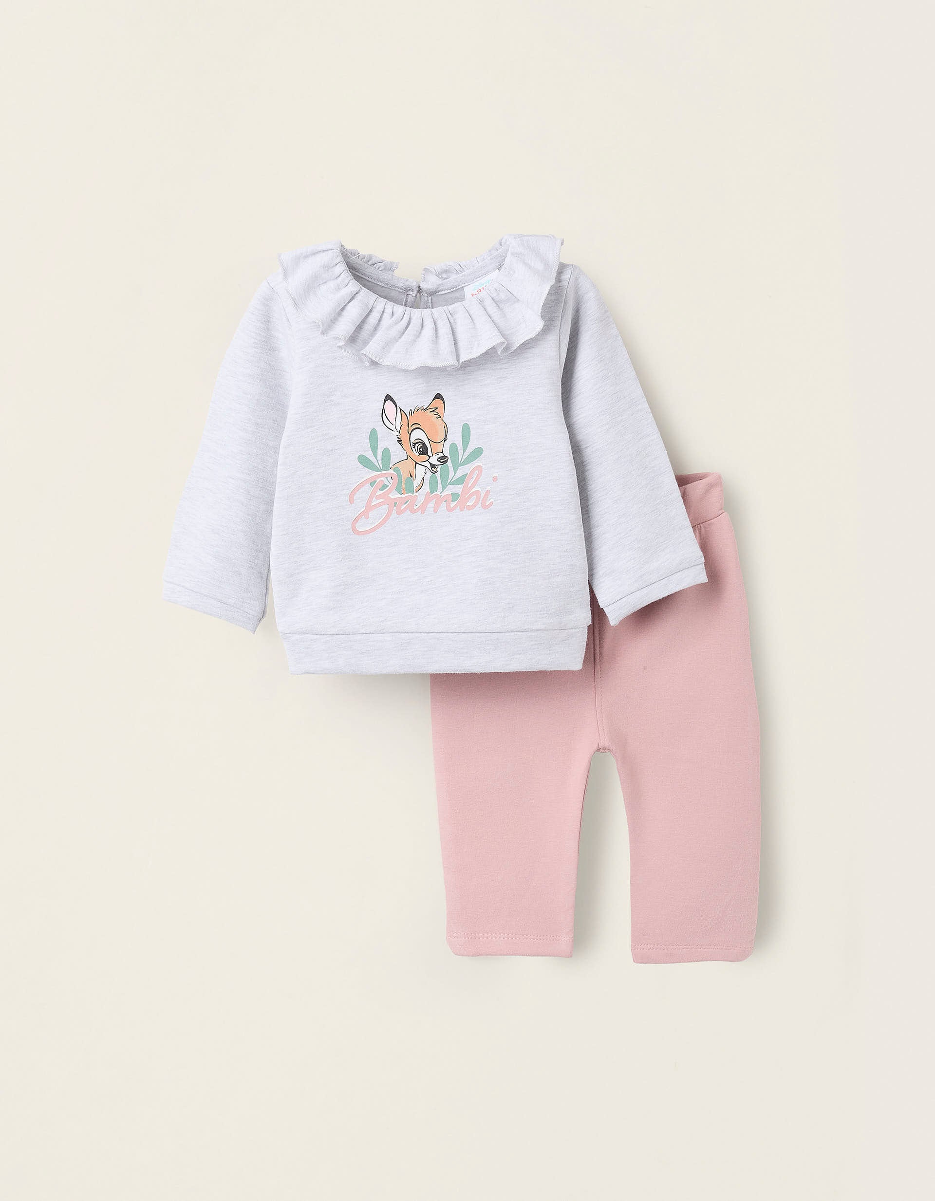 Brushed Sweatshirt + Trousers for Newborn Girls ‘Bambi’, Grey/Pink