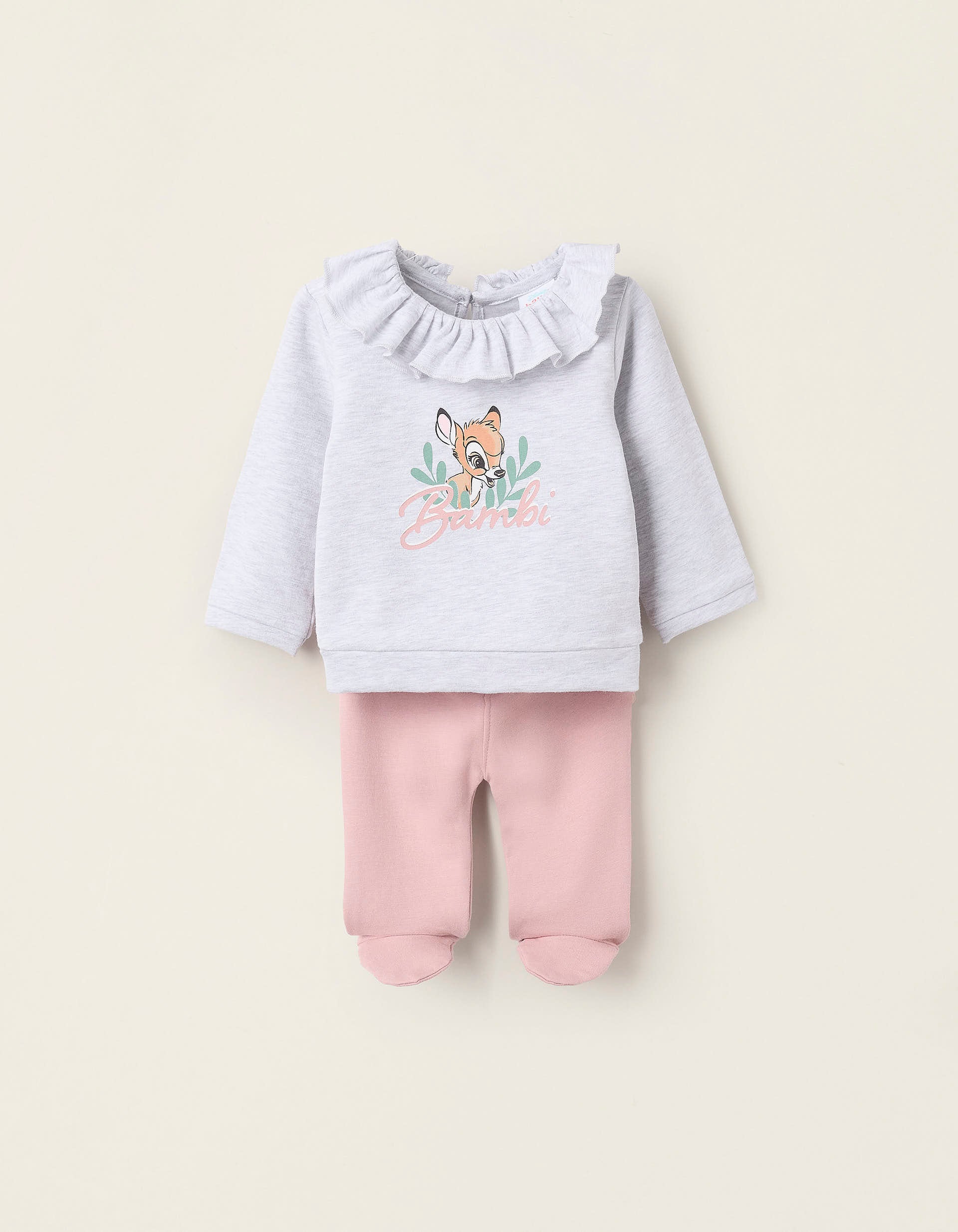 Brushed Sweatshirt + Trousers for Newborn Girls ‘Bambi’, Grey/Pink