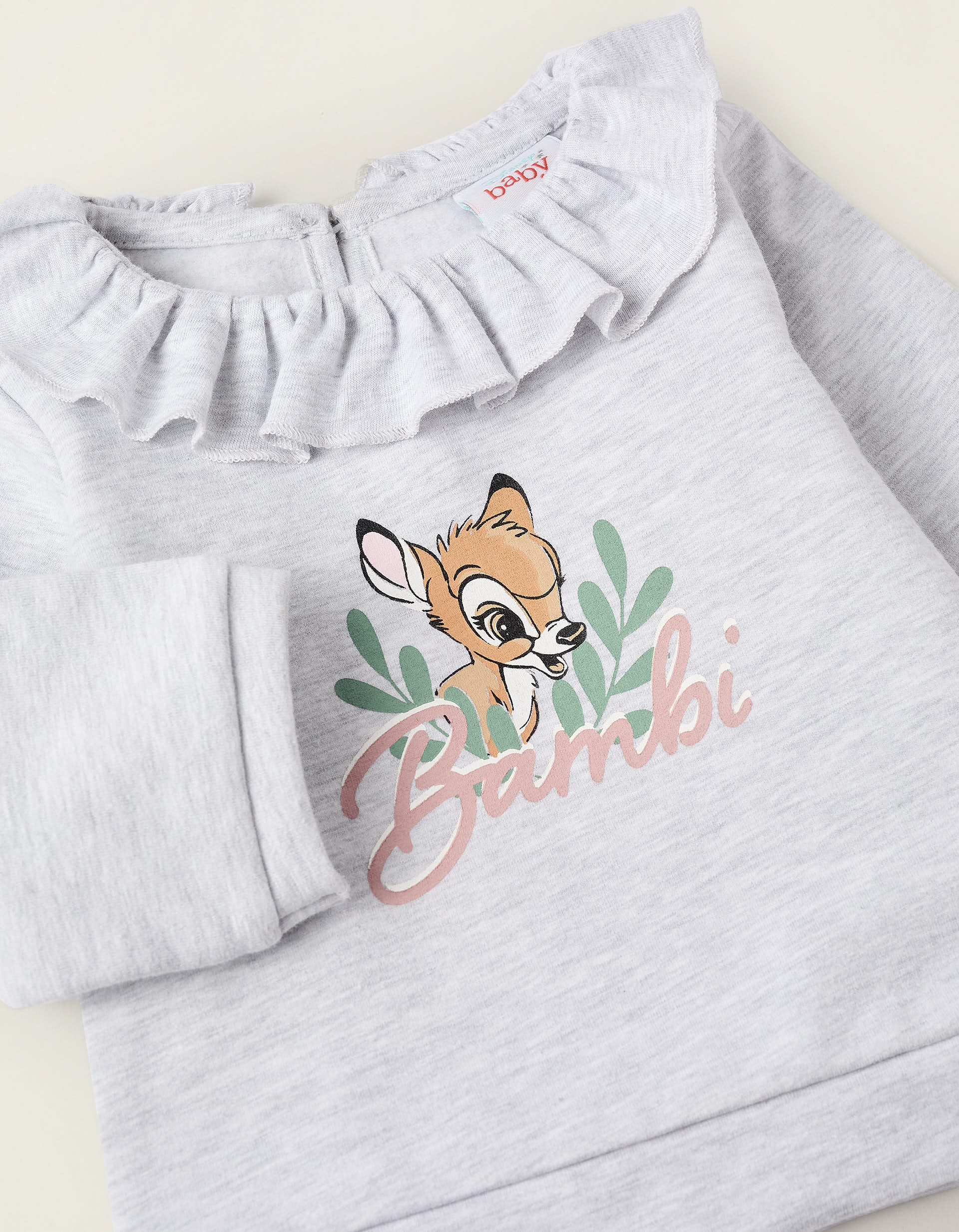 Brushed Sweatshirt + Trousers for Newborn Girls ‘Bambi’, Grey/Pink