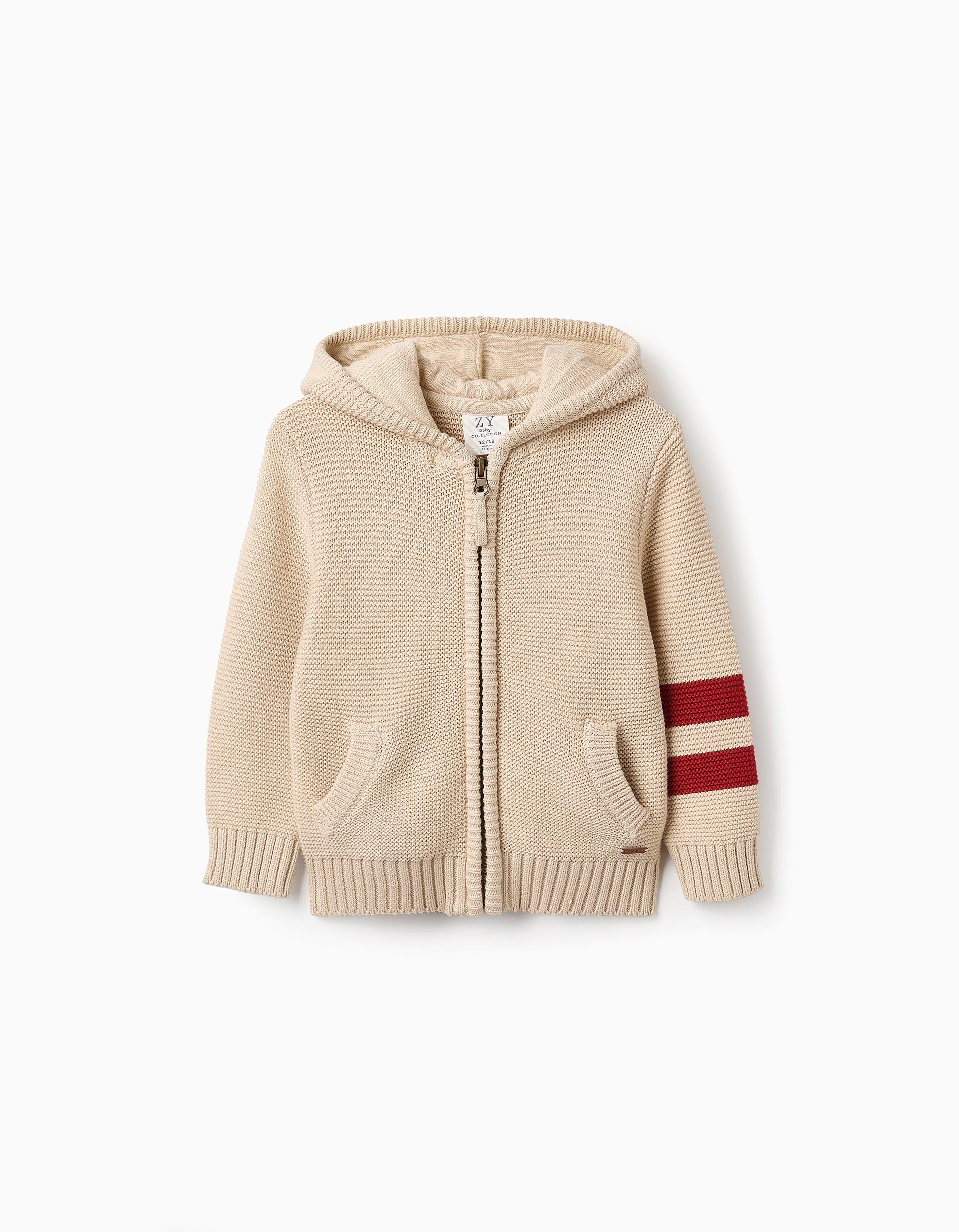 Hooded Cardigan with Contrast Stripes for Baby Boys, Beige