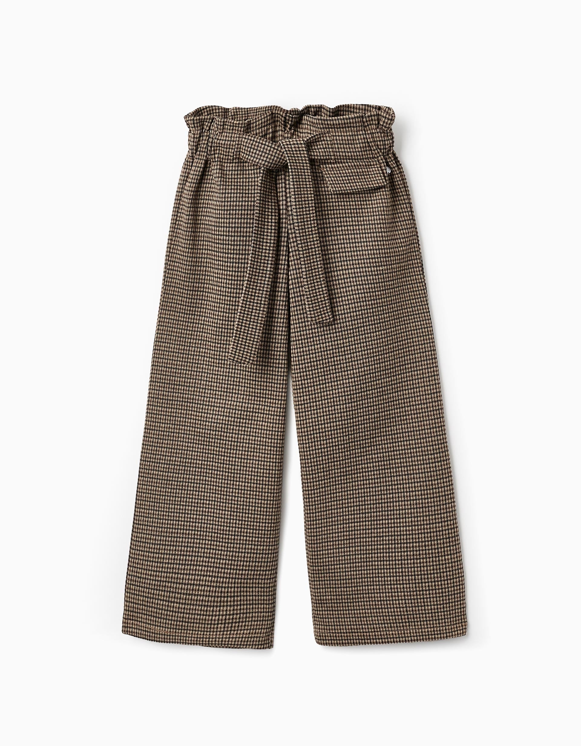 Pantalon Wide Leg en Pied de Poule pour Fille, Beige/Marron