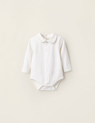 Body-Camisa con Bordados en el Cuello para Recién Nacido, Blanco