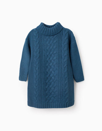 Vestido de Punto Trenzado con Cuello Semialto para Niña, Turquesa
