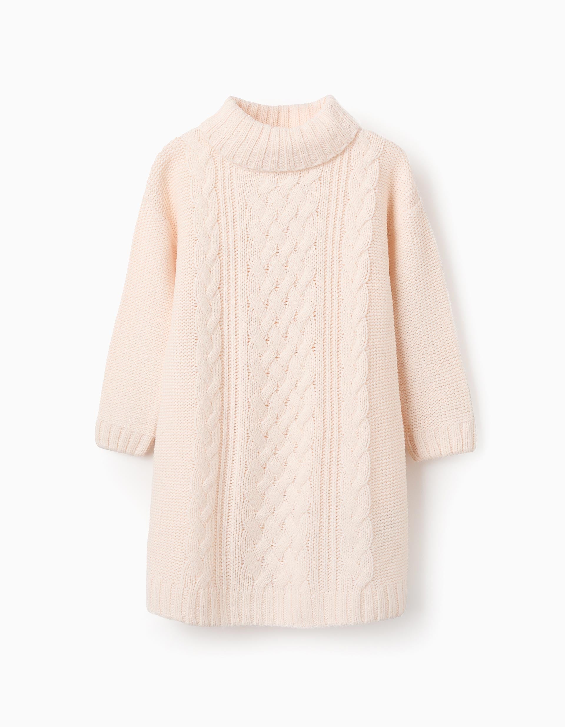 Knitted Dress with Mock Neck for Girls, Beige