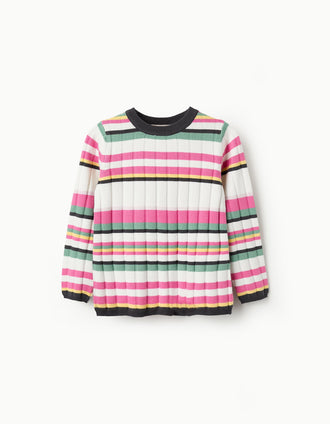 Camisola Canelada às Riscas para Menina, Multicolor