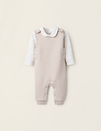 Body + Mono de Gofre para Recién Nacido, Blanco/Beige