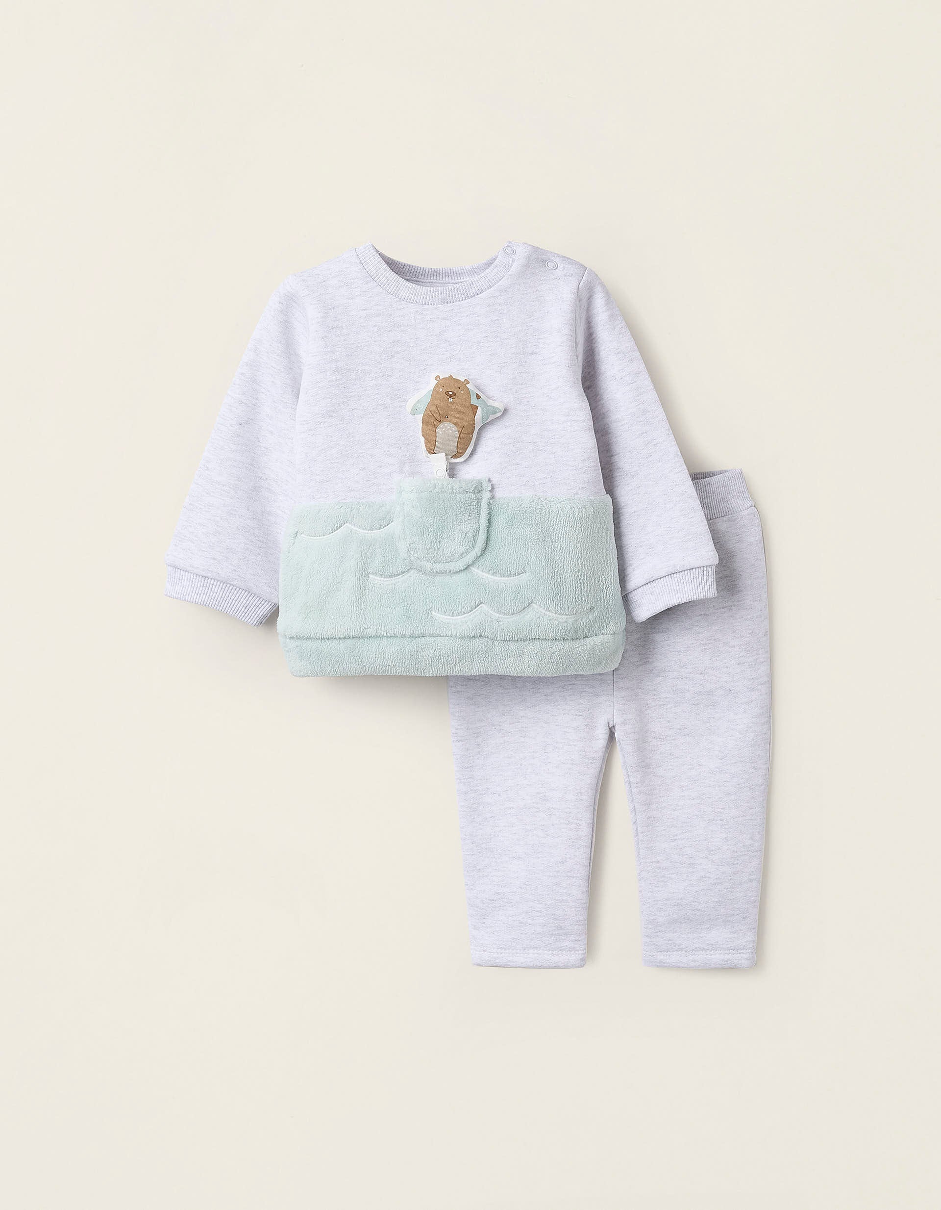 Sweatshirt + Footed Trousers for Newborns 'Beaver', Grey/Green