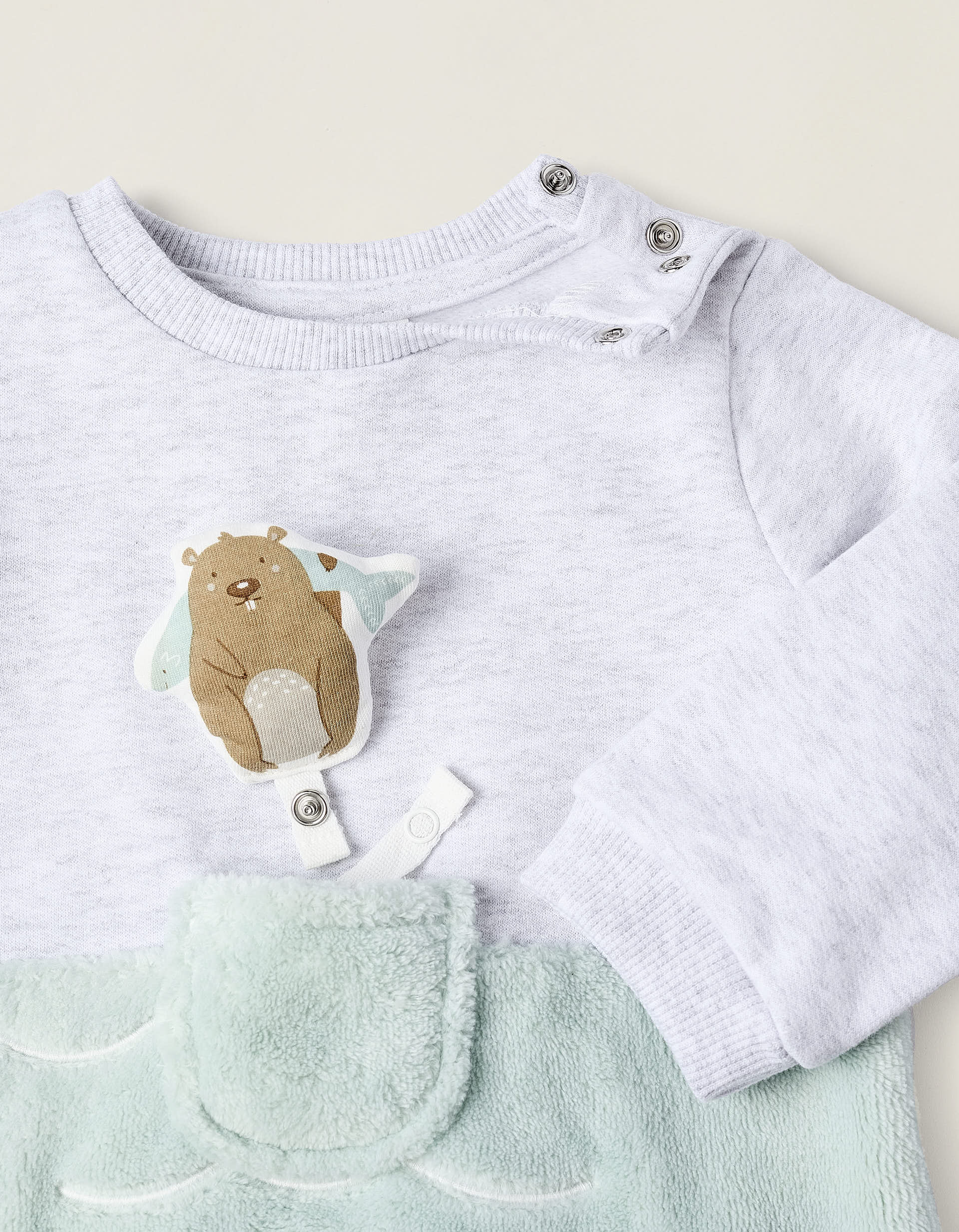 Sweatshirt + Footed Trousers for Newborns 'Beaver', Grey/Green