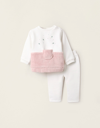 Sweat + Calças Cardados para Recém-Nascida 'Castor', Cinza/Rosa