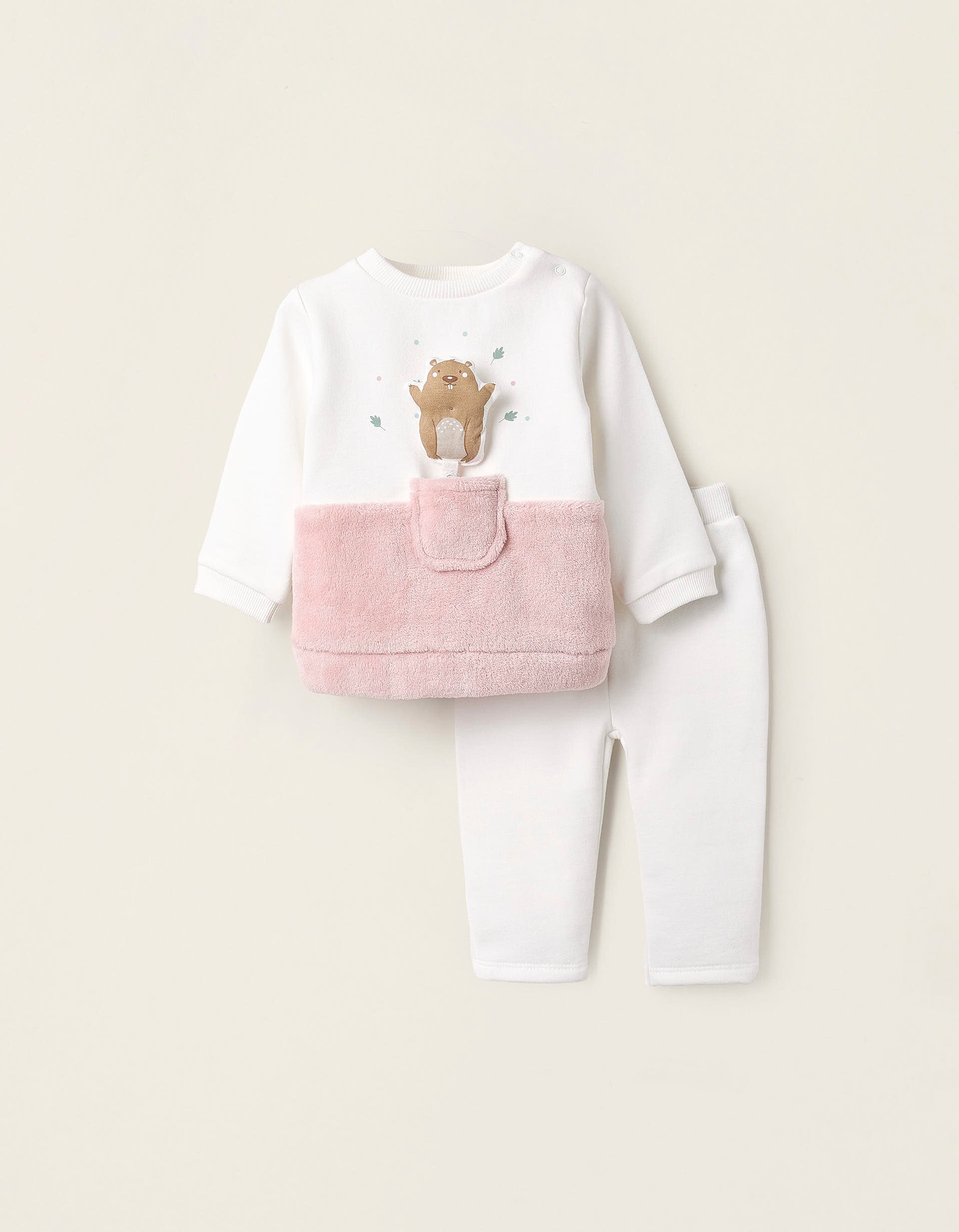 Sweatshirt + Footed Trousers for Newborn Girls 'Beaver', Grey/Pink