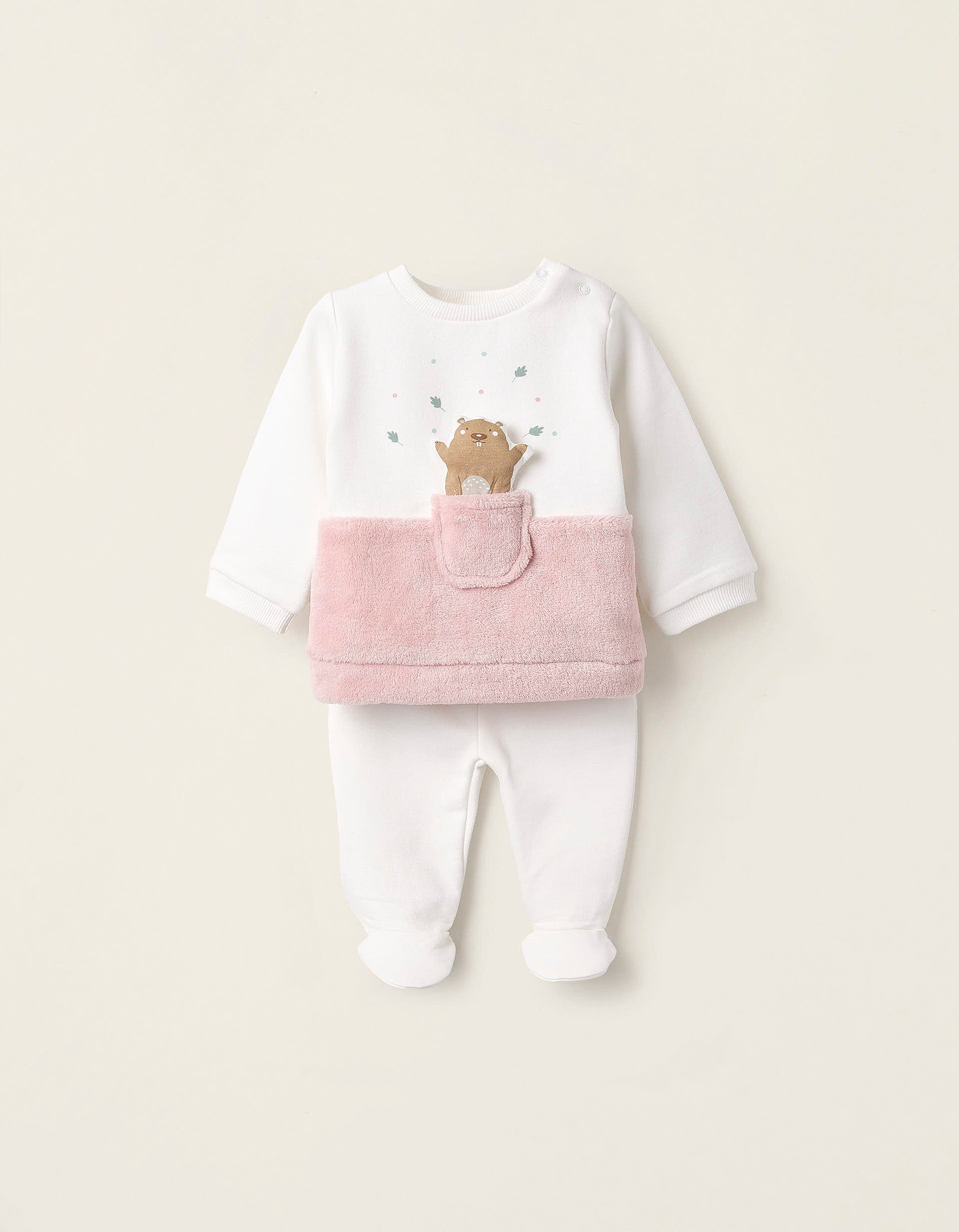 Sweatshirt + Footed Trousers for Newborn Girls 'Beaver', Grey/Pink