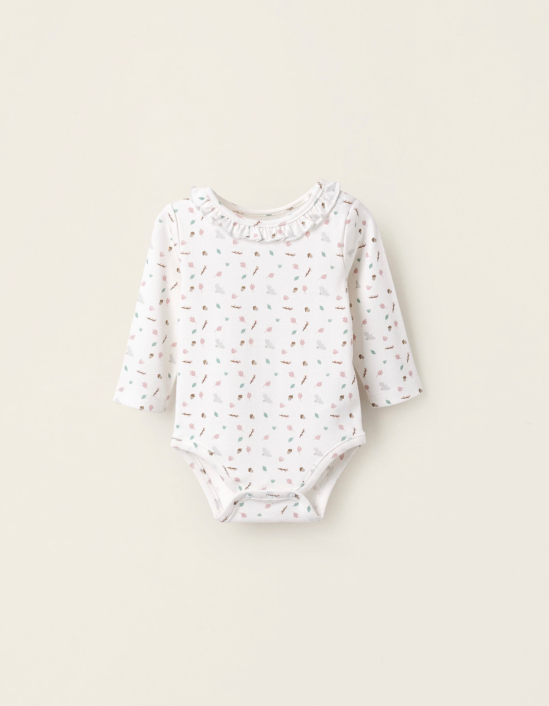 Cotton Bodysuit with Motif for Newborn Girls, White