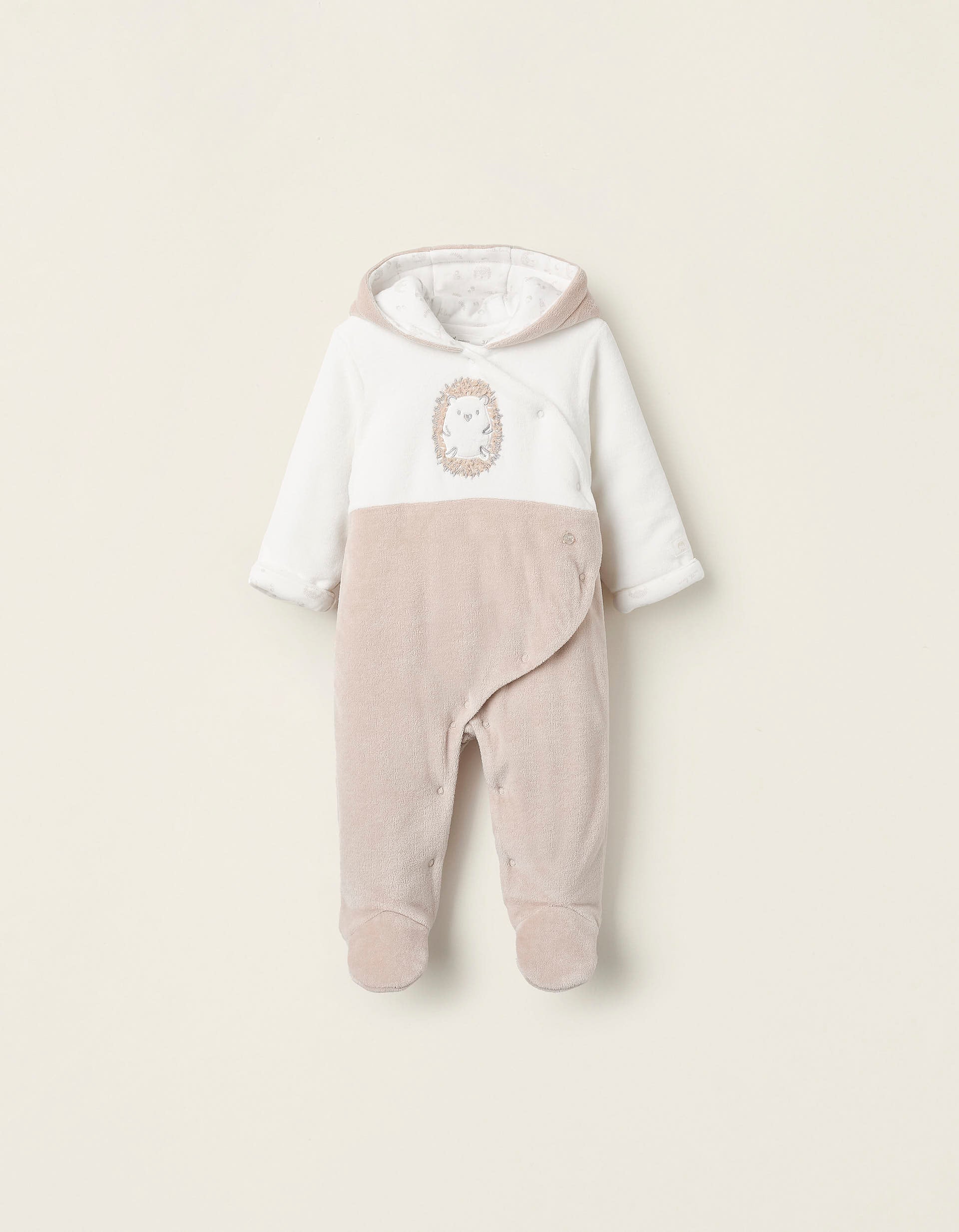 Padded Velours Sleepsuit for Babies 'Hedgehog', White/Beige