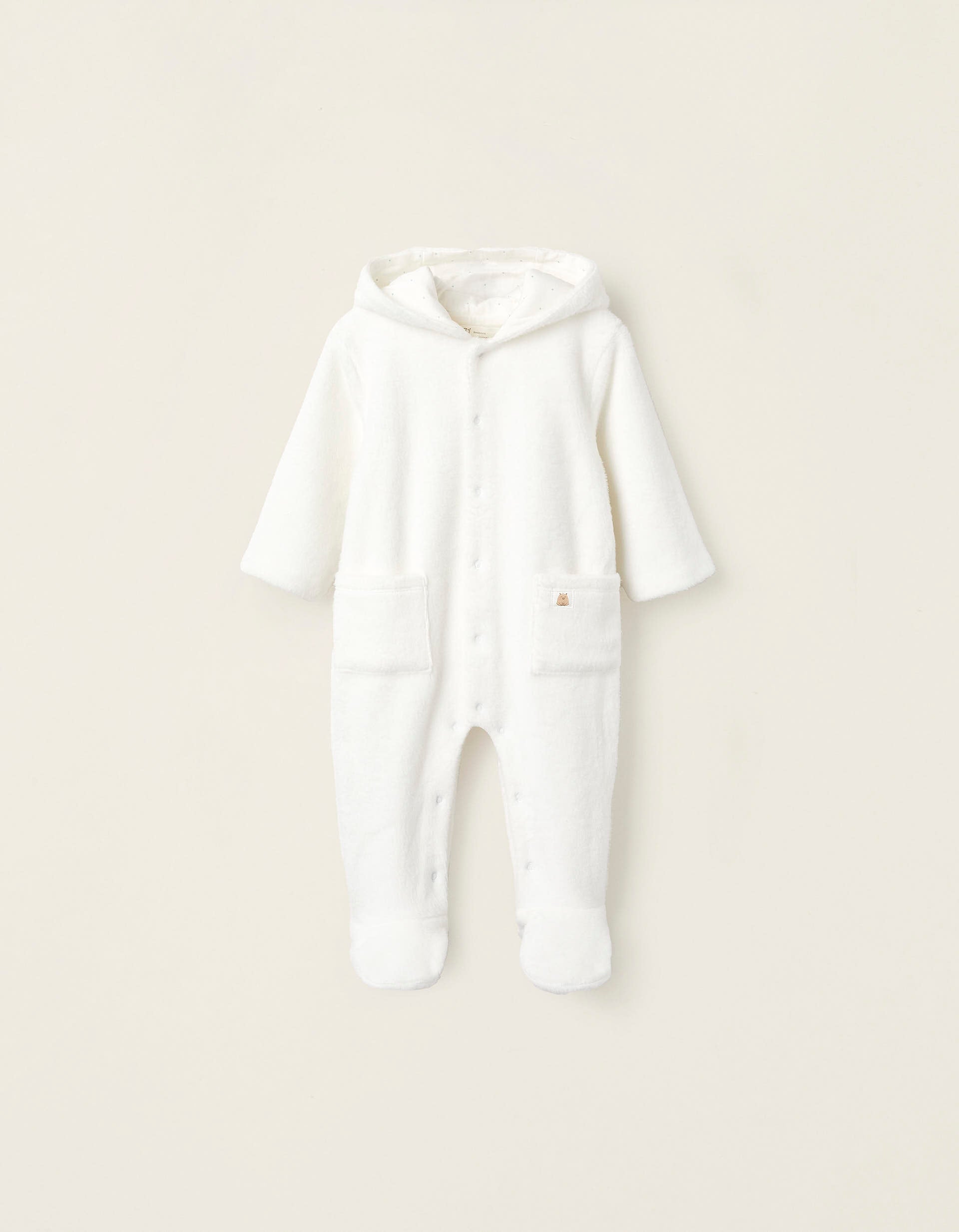 Fleece Sleepsuit With Hood and 3D Ears for Newborns, White