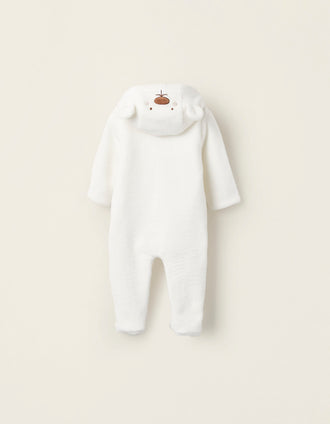 Fleece Sleepsuit With Hood and 3D Ears for Newborns, White