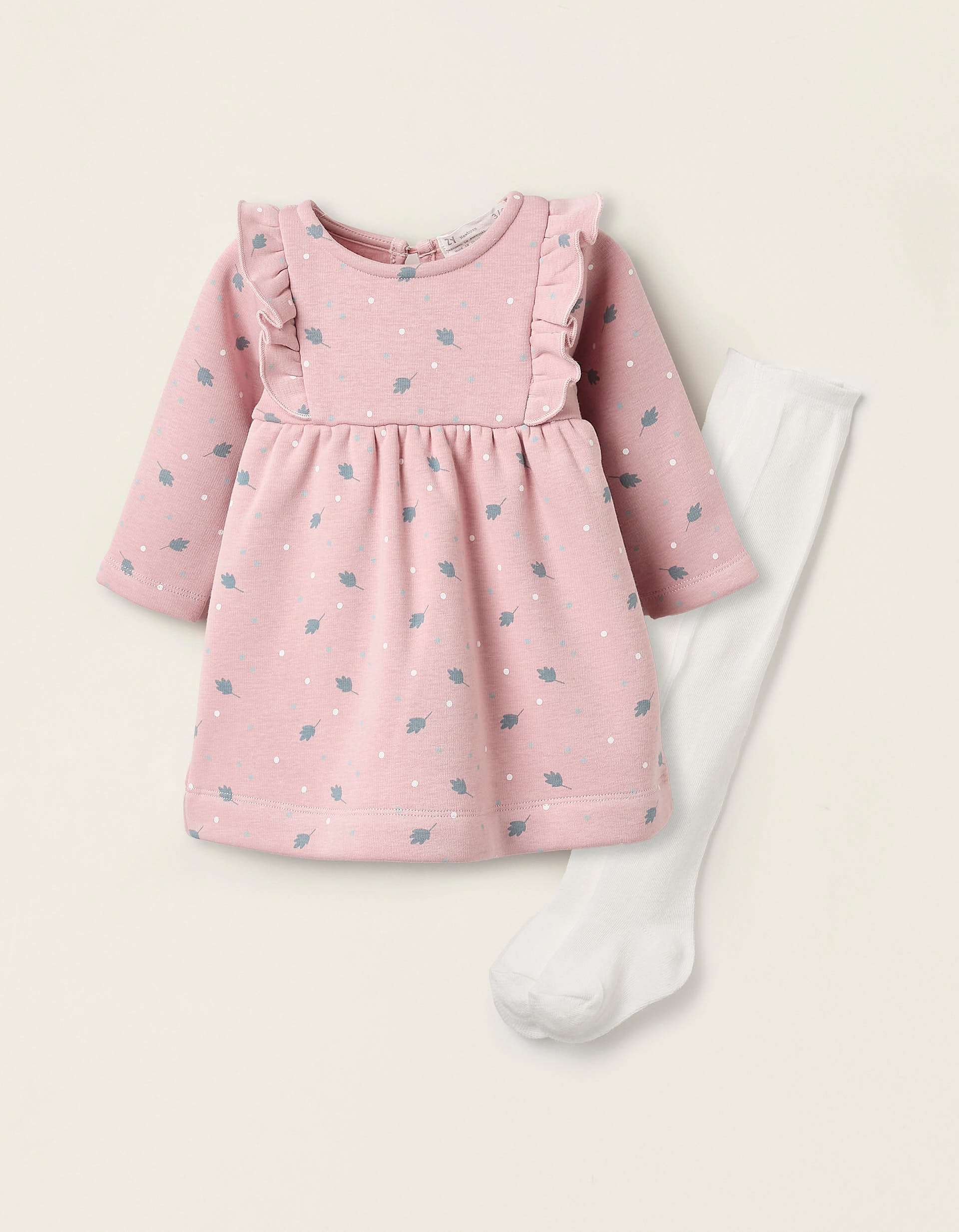 Robe + Collants pour Bébé Fille 'Pois & Feuilles', Rose/Blanc