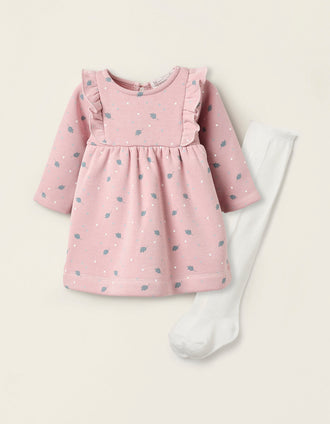 Fleece Dress + Tights for Baby Girls, Pink/White