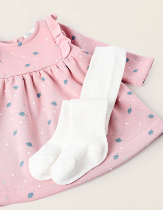 Vestido Cardado + Collants para Bebé Menina, Rosa/Branco