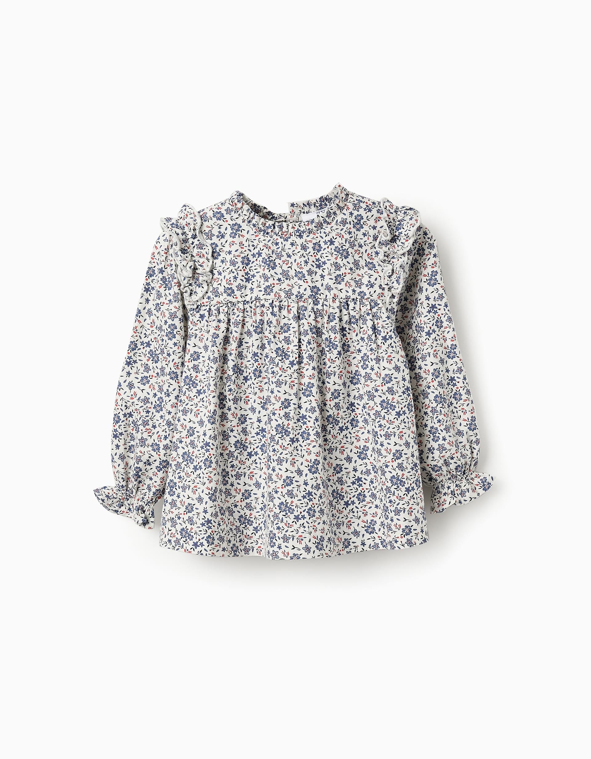 Floral Cotton Blouse for Baby Girls, White/Blue/Red