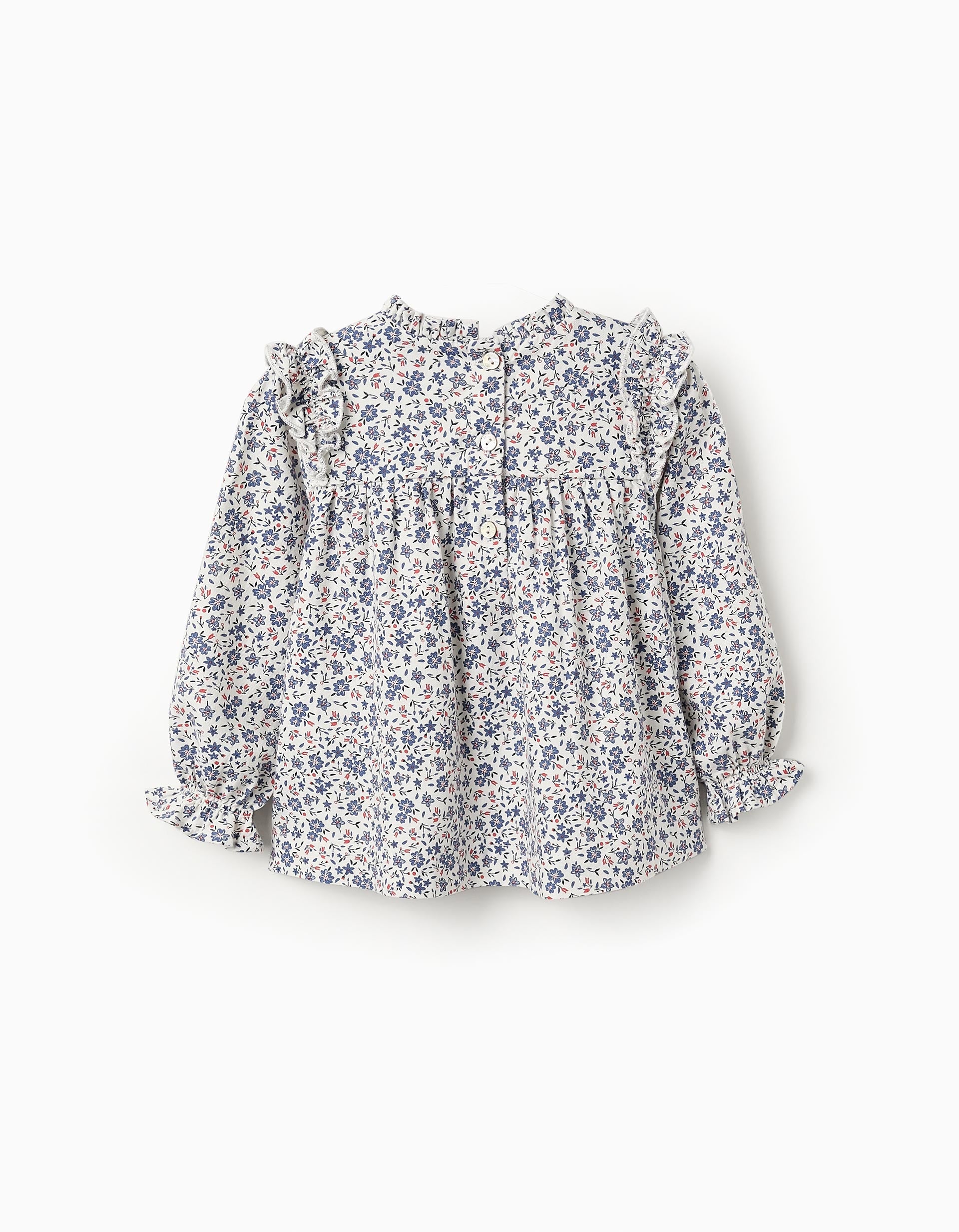 Floral Cotton Blouse for Baby Girls, White/Blue/Red