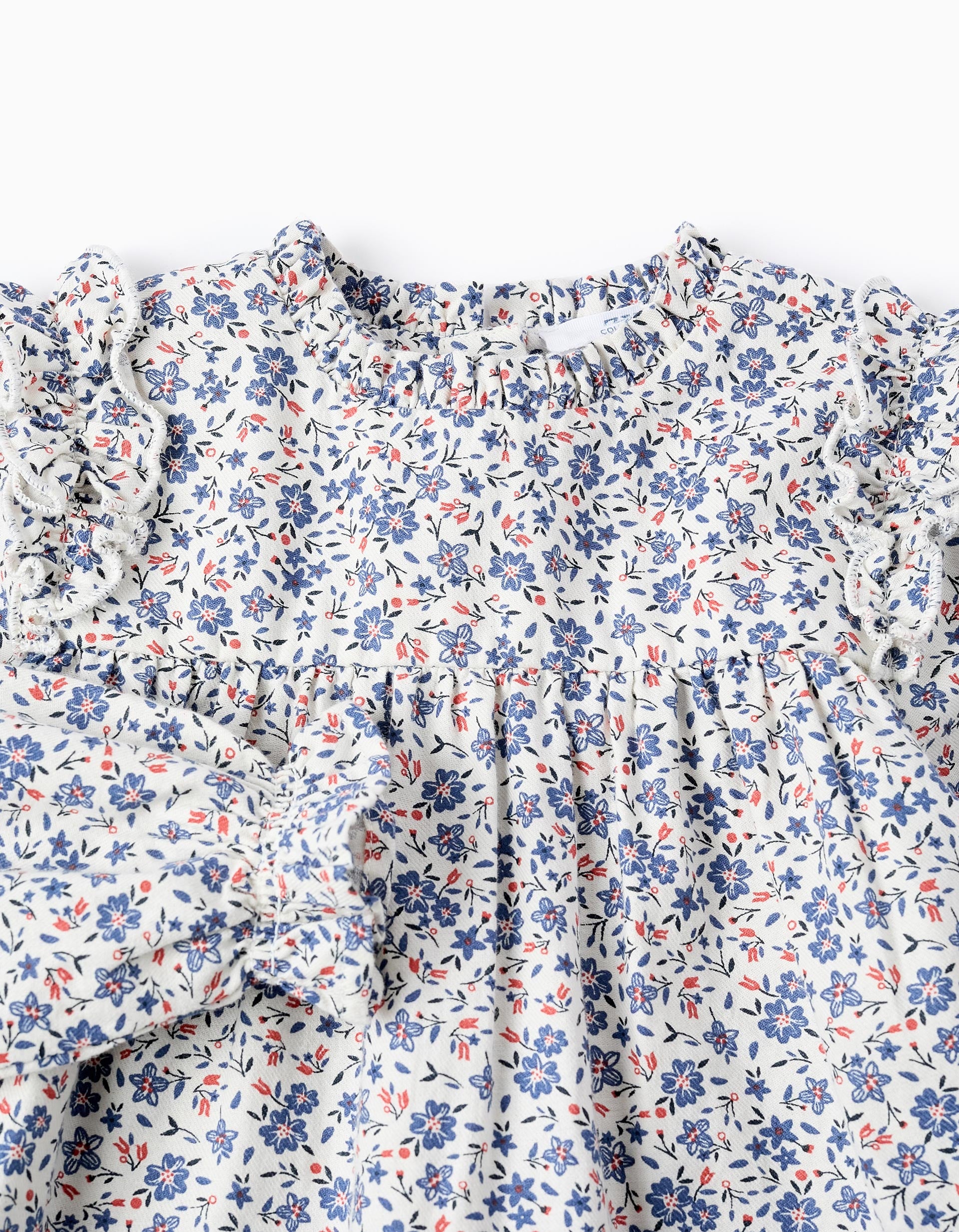 Floral Cotton Blouse for Baby Girls, White/Blue/Red