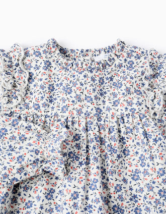 Blusa floral em Algodão para Bebé Menina, Branco/Azul/Vermelho