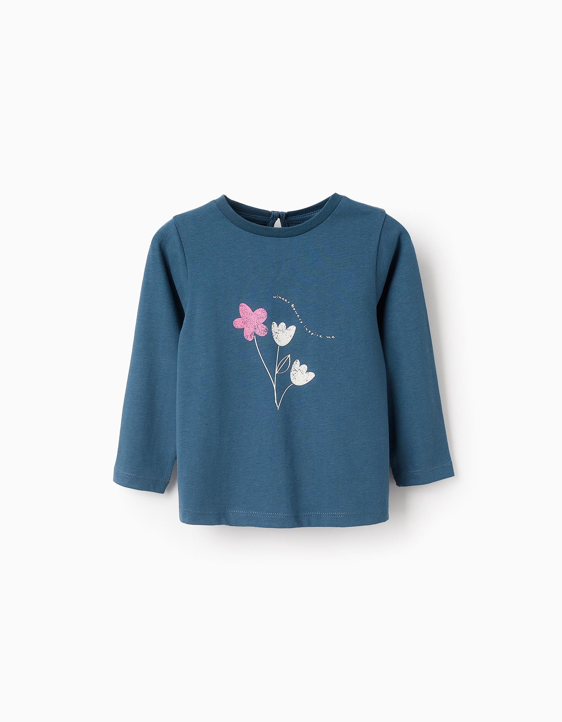 Long-Sleeved Cotton T-shirt for Baby Girls 'Flower', Turquoise