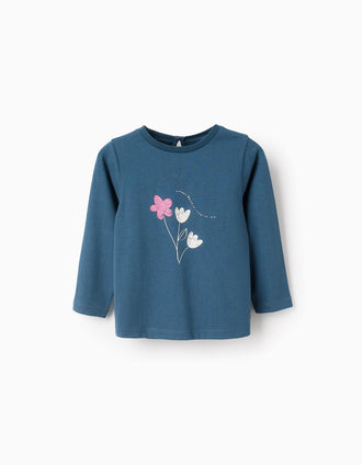 T-shirt de Manga Comprida em Algodão para Bebé Menina 'Flor', Turquesa
