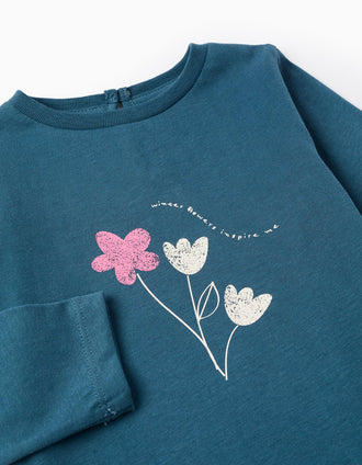 Camiseta de Manga Larga de Algodón para Bebé Niña 'Flor', Turquesa
