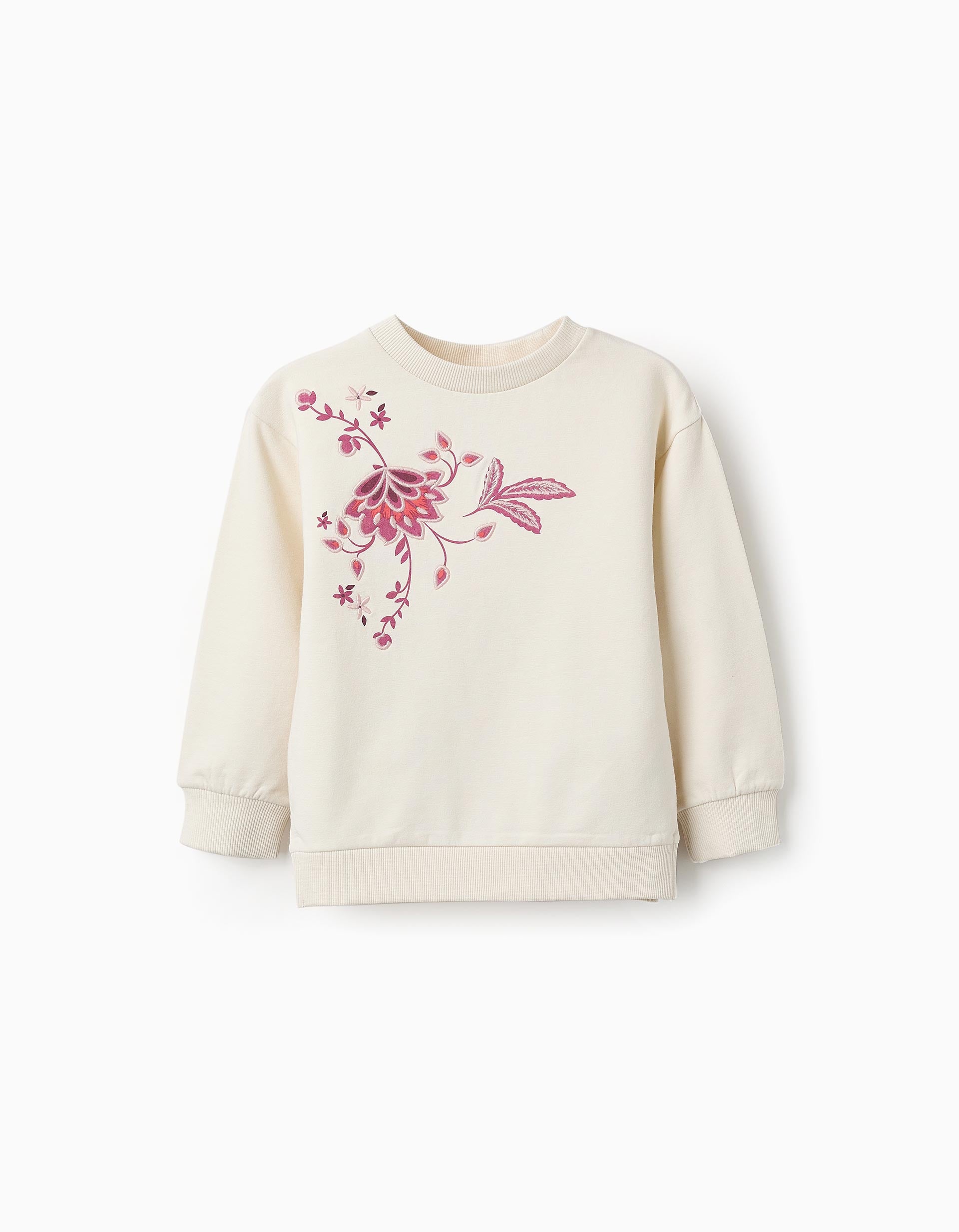 Fleece Sweatshirt with Embroidery for Girls, White/Pink