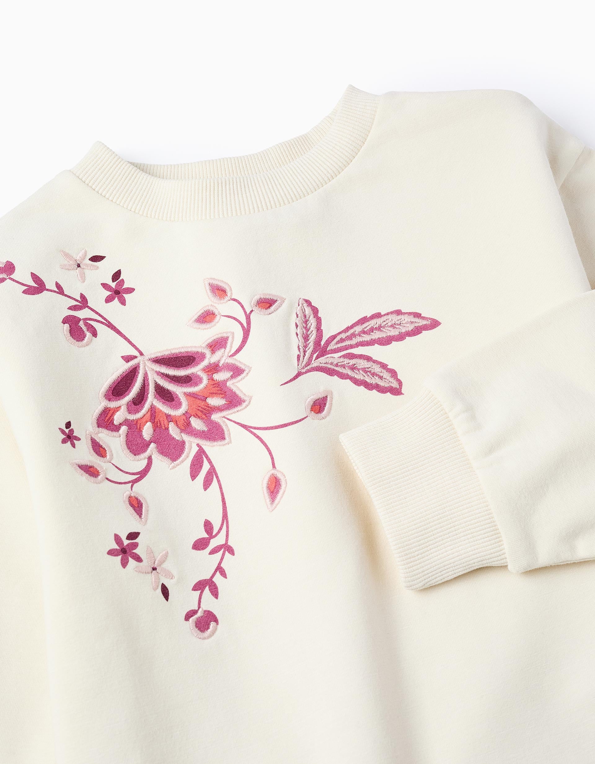 Fleece Sweatshirt with Embroidery for Girls, White/Pink