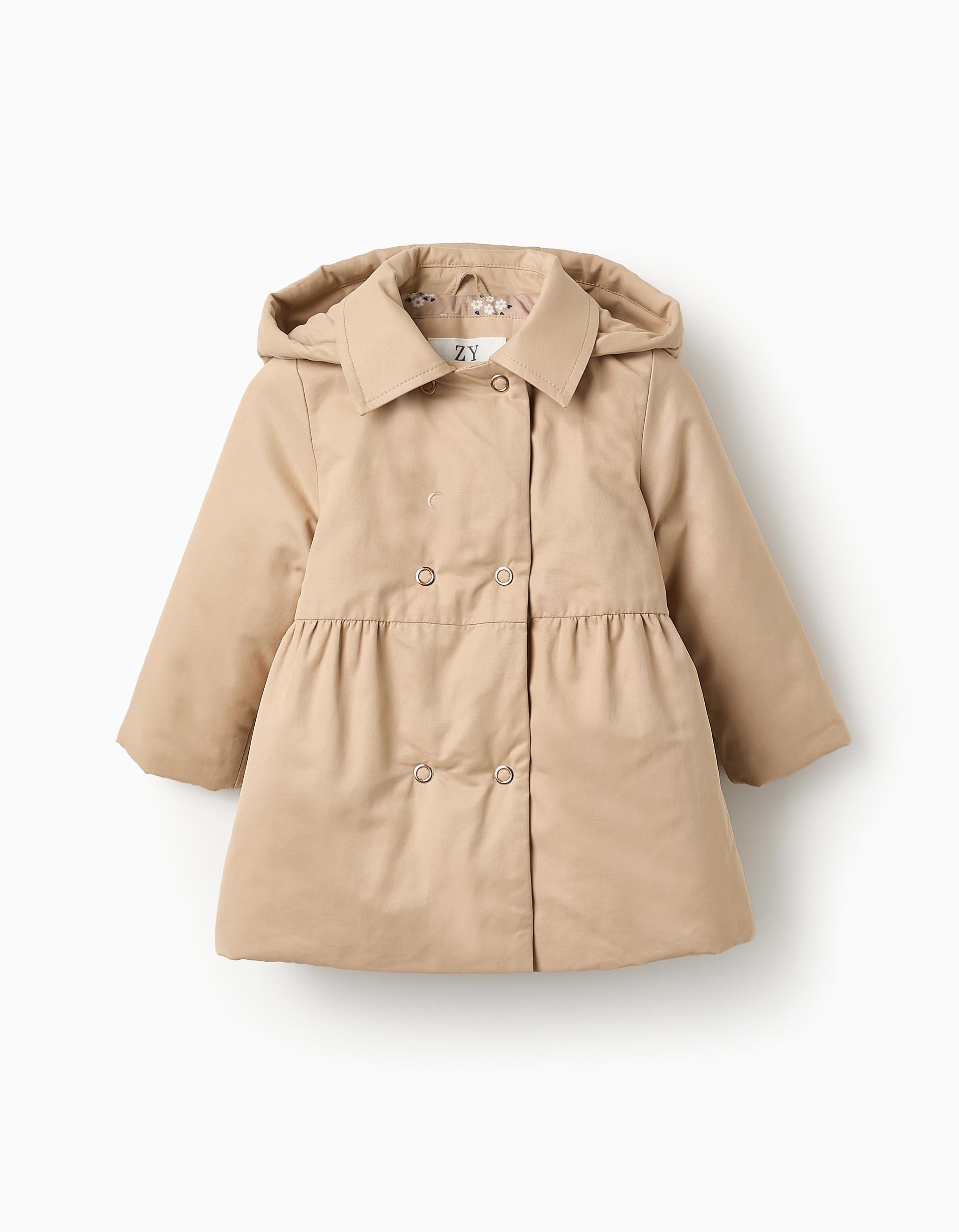 Padded Hooded Jacket for Baby Girls, Beige/Gold