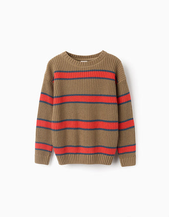 Pull en Maille Côtelée à Rayures pour Garçon, Marron