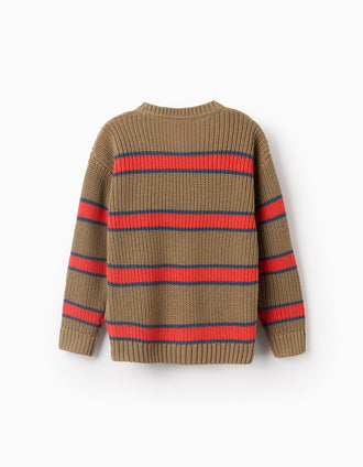 Pull en Maille Côtelée à Rayures pour Garçon, Marron