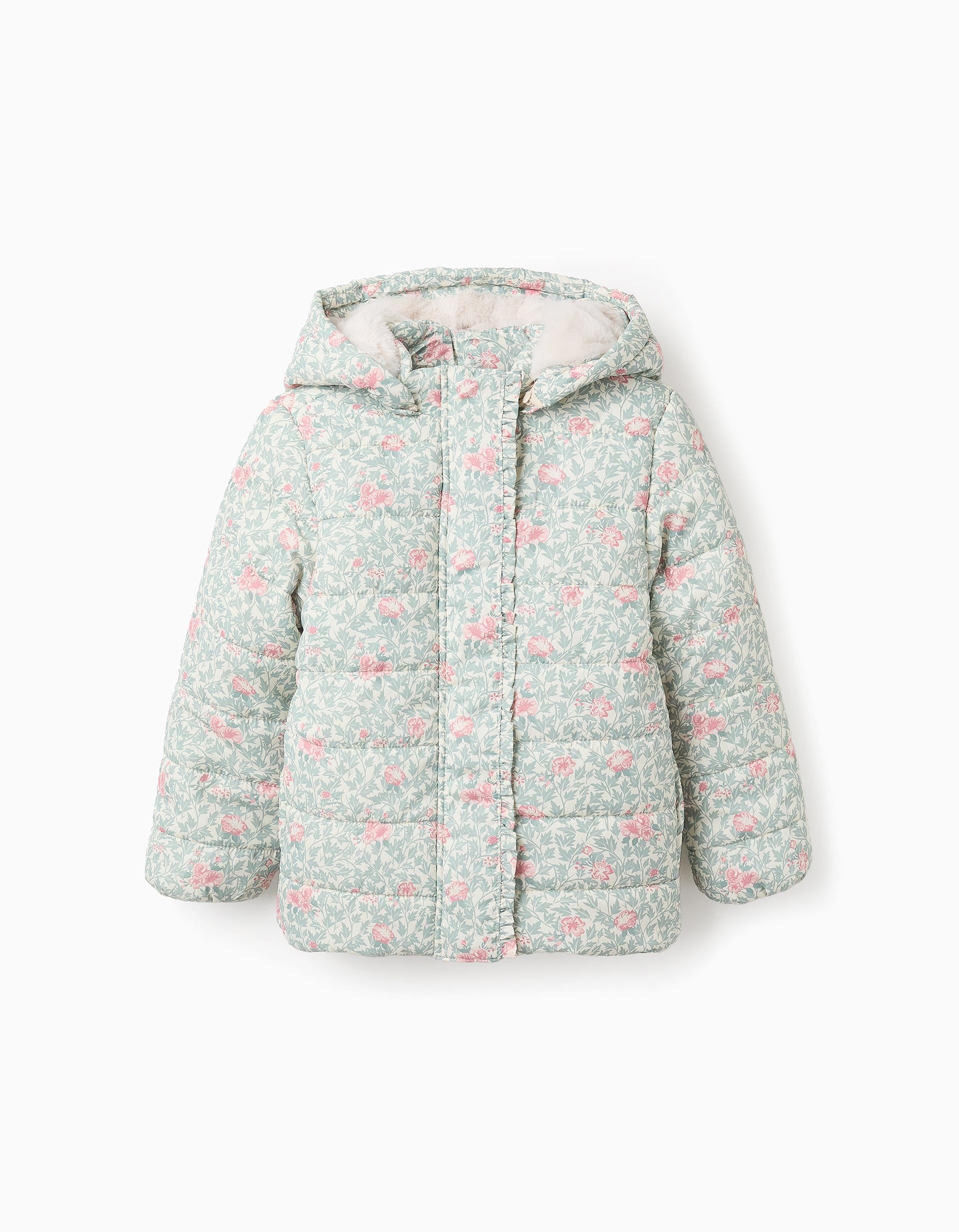 Padded Floral Hooded Jacket with Removable Hood for Girls, Beige