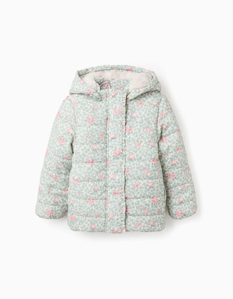 Chaqueta Acolchada Floral con Capucha Desmontable para Niña, Beige