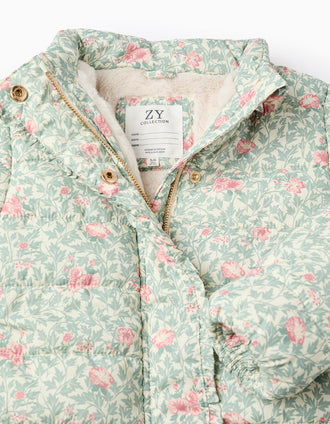 Casaco Acolchoado Floral com Capuz Amovível para Menina, Bege