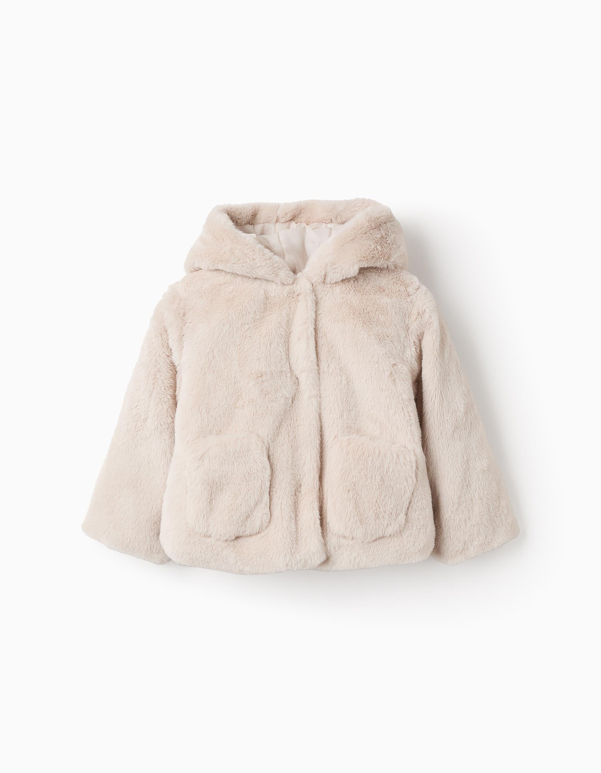 Hooded Faux Fur Jacket for Baby Girls, Beige