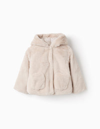 Manteau en Fausse Fourrure avec Capuche pour Bébé Fille, Beige