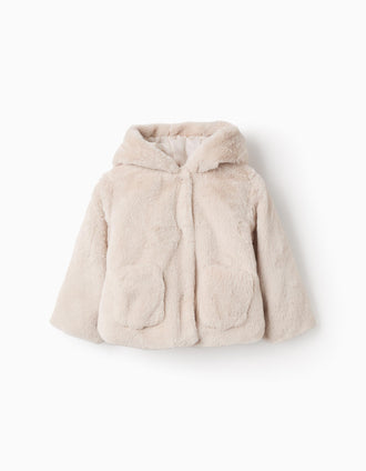 Abrigo de Pelo con Capucha para Bebé Niña, Beige