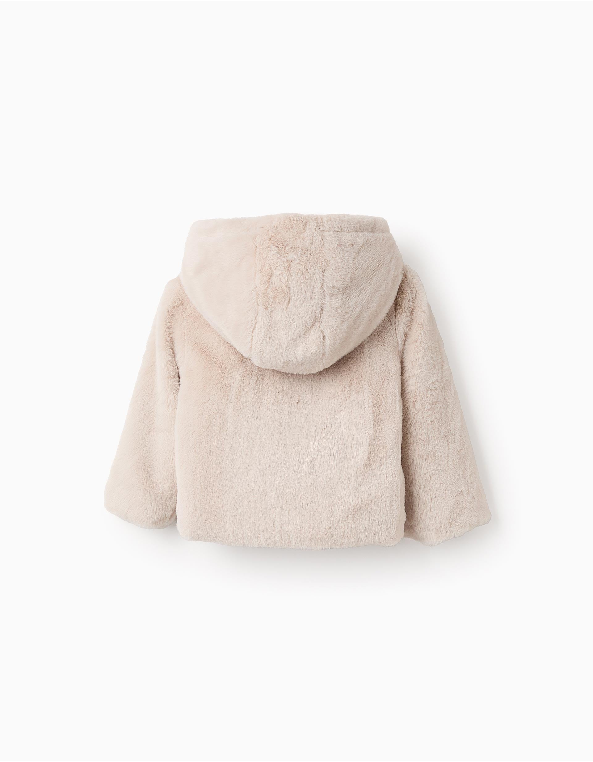 Hooded Faux Fur Jacket for Baby Girls, Beige