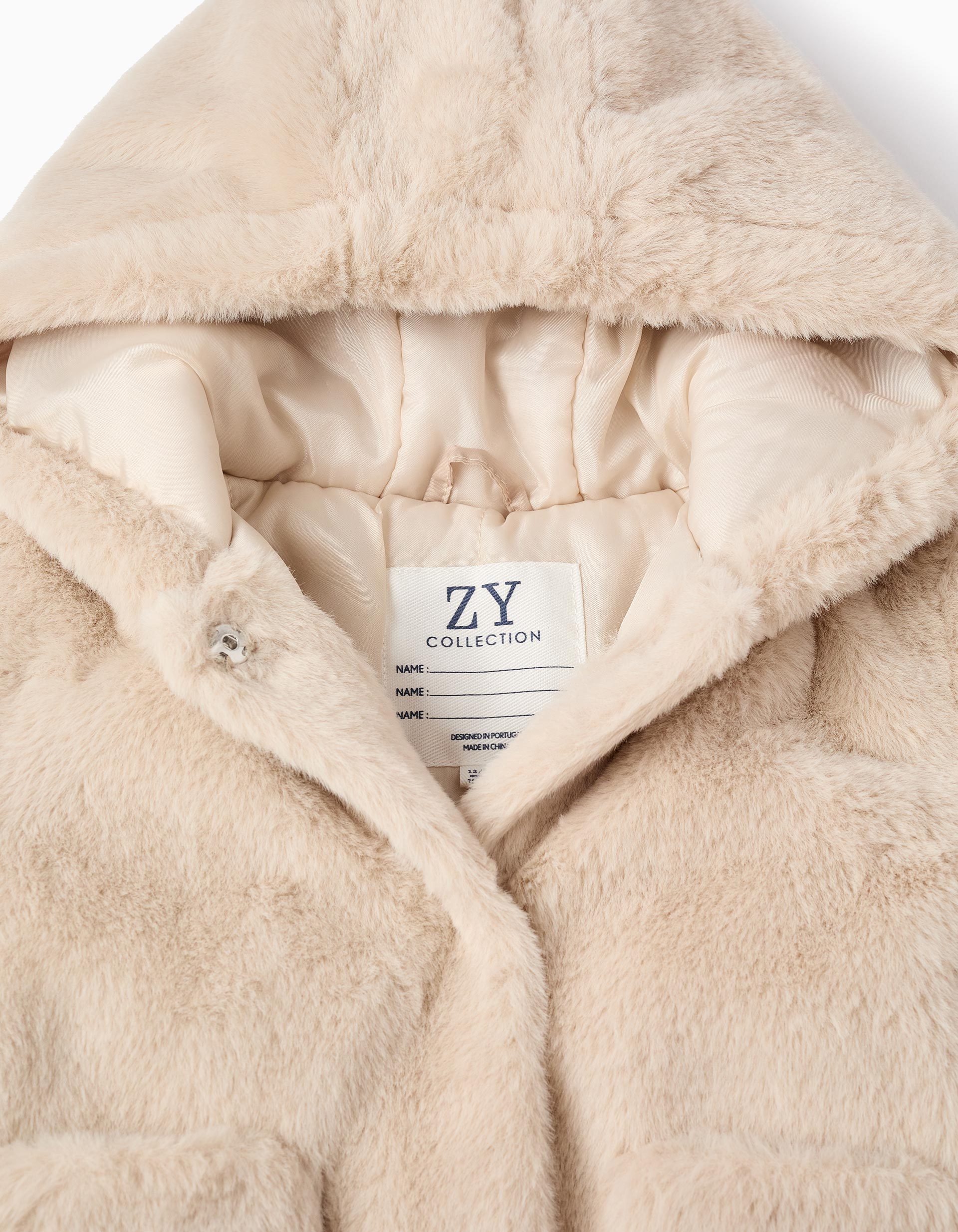 Hooded Faux Fur Jacket for Baby Girls, Beige