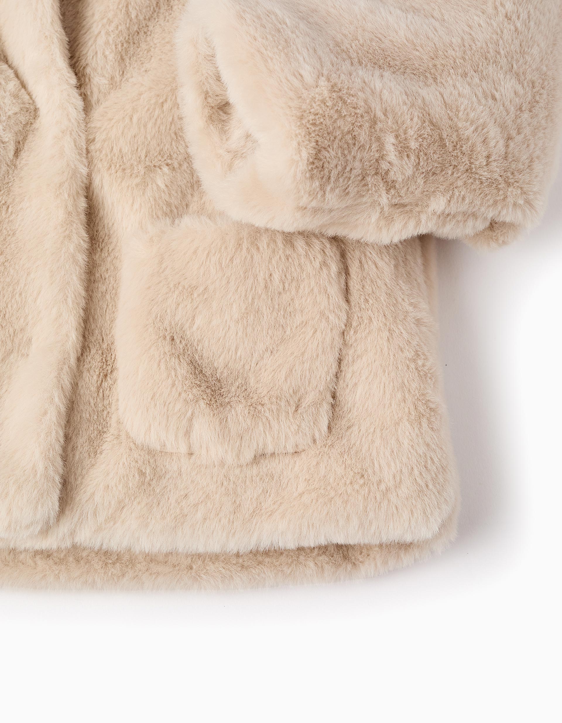 Hooded Faux Fur Jacket for Baby Girls, Beige