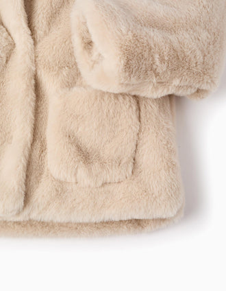 Abrigo de Pelo con Capucha para Bebé Niña, Beige