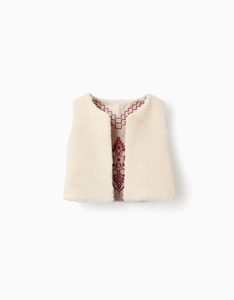 Colete Reversível com Sherpa e Bordados para Menina, Bege/Rosa