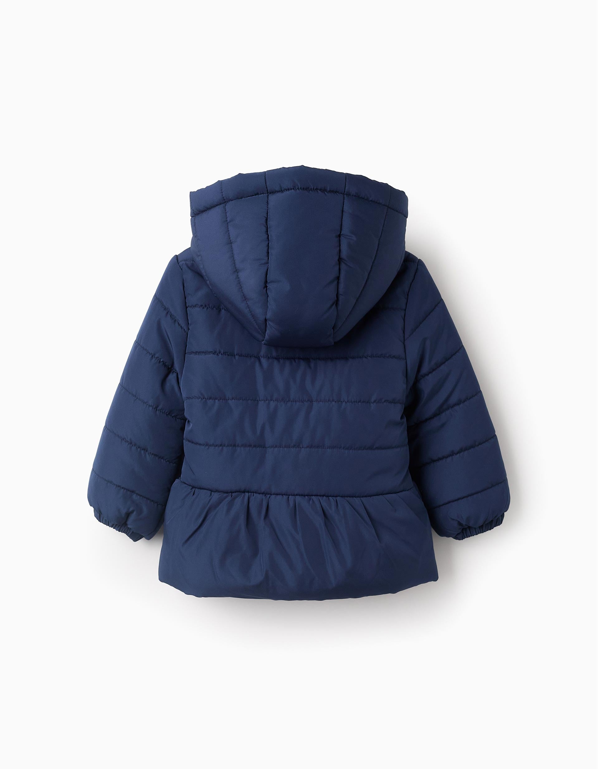 Padded Hooded Jacket with Frills for Baby Girls, Dark Blue