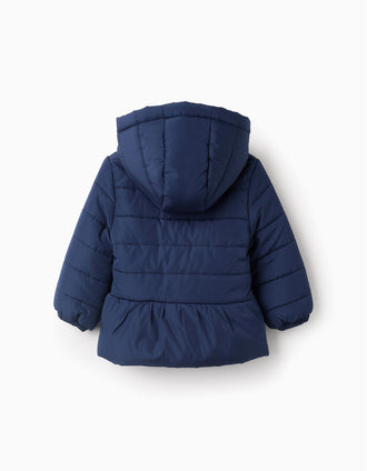 Casaco Acolchoado com Capuz e Folhos para Bebé Menina, Azul Escuro