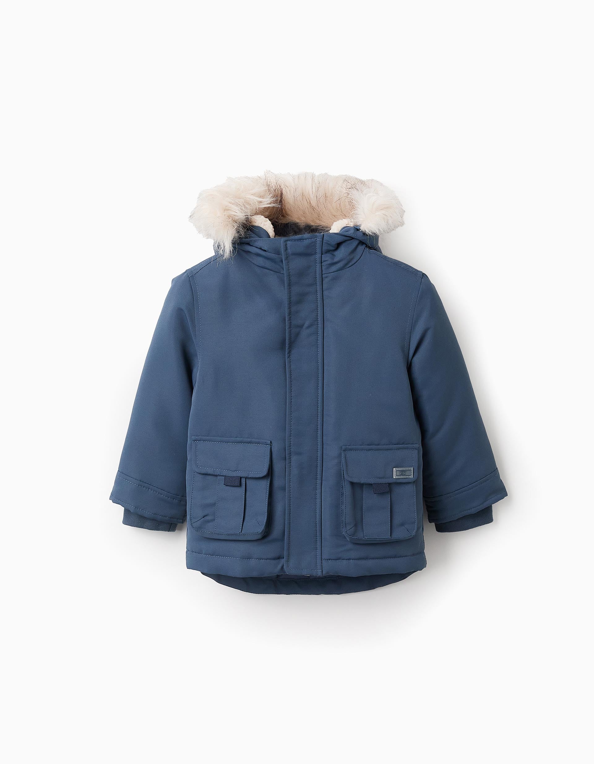 Padded Hooded Parka with Fur for Baby Boys, Turquoise