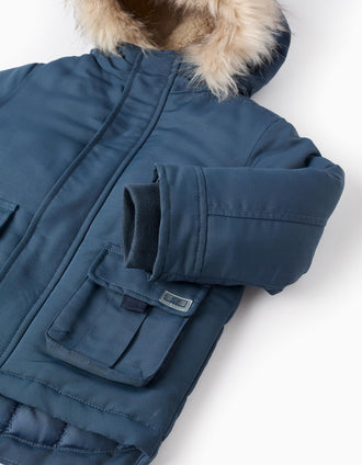 Parka Acolchada con Capucha y Pelo para Bebé Niño, Turquesa